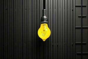 A yellow light bulb hanging on a black background AI Generated photo