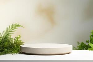 white podium plate on a white table with ferns around it AI Generative photo