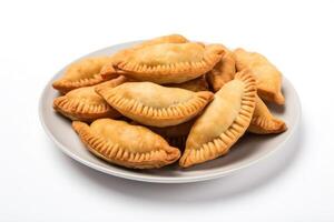 un grupo de empanadas sentado en parte superior de un blanco plato ai generativo foto