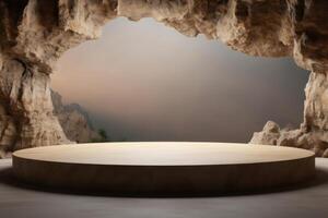 a wooden podium platform in the middle of a cave photo