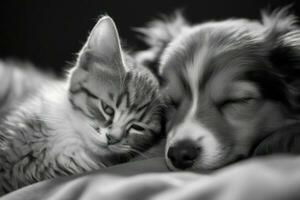 A cat and a dog sleeping on a bed AI Generated photo