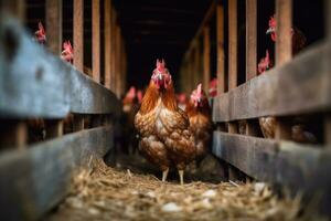 un pollo es en pie en un granero mirando a el cámara ai generado foto