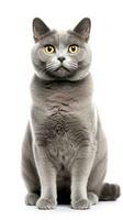 Chartreux gato sentado en blanco antecedentes ai generativo foto