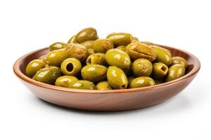 a bowl of green olives on a white background photo