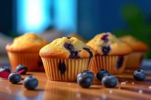 blueberry muffins on a wooden table AI Generative photo