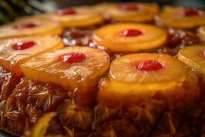 un piña al revés abajo pastel en un plato ai generado foto