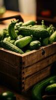 wooden box filled with cucumbers on a wooden table AI Generated photo