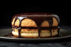 a boston cream pie with chocolate icing on a plate AI Generated photo