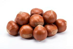 a pile of Hazelnuts sitting on top of each other isolated on white background AI Generative photo