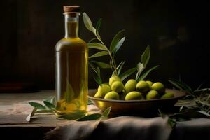Olive oil and green olives on a wooden table AI Generated photo