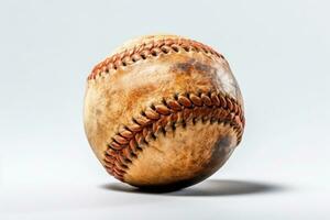 antiguo sucio béisbol pelota en un blanco antecedentes ai generado foto