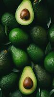 a bunch of green avocados on a wooden table AI Generative photo