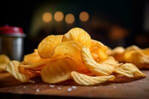 un pila de patata papas fritas en un de madera mesa ai generativo foto