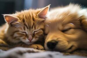 A cat and a dog sleeping on a bed AI Generated photo