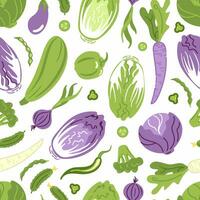 Fresh green and purple vegetables, seamless pattern. Beijing and white cabbage. Healthy lifestyle, wholesome food, veganism, vegetarianism. For menu, cafe, tablecloth, shopper, fabric. vector