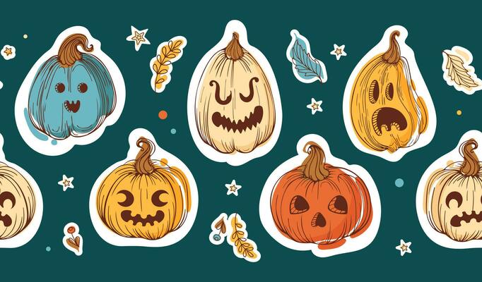 Vintage colorful pumpkin lanterns for Halloween. Autumn leaves and stars. Various emotions anger, fear, joy. Seamless border for wallpaper, printing on fabric, wrapping, background