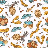 Hello, Autumn. Seamless pattern from nuts and seeds. Acorns with leaves, cedar cone, linden seeds, hazelnuts, maple lionfish seeds. sketch style. wallpaper, printing on fabric, wrapping, background vector