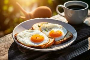 Two fried eggs on a plate next to a cup of coffee AI Generated photo