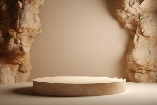 round podium in front of a rock wall photo