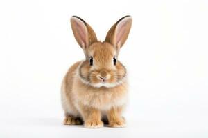 un marrón Conejo es sentado en un blanco antecedentes ai generativo foto