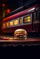 hamburger sits on a table next to a train photo