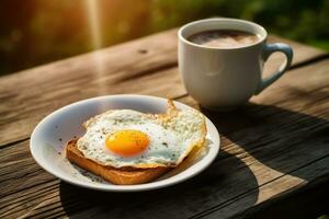 A plate of toast and an egg on top next to a cup of coffee AI Generated photo