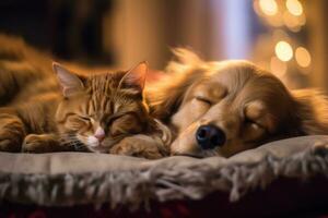 un gato y un perro dormido en un cama ai generado foto