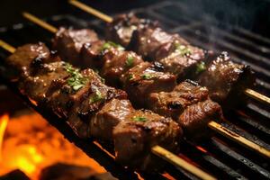 caucásico shashlik brocheta carne de vaca Carne de cordero lulia siendo cocido en un parrilla ai generado foto