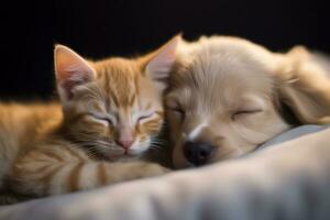 A cat and a dog sleeping on a bed AI Generated photo