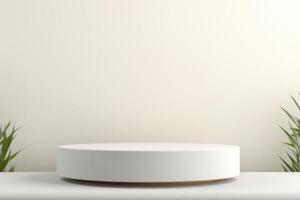 a white round podium on a white background with a plant in the background photo