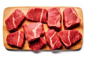 sliced raw sirloin steak on a wooden cutting board on a white background AI Generative photo