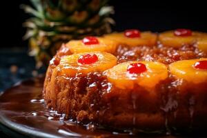 A pineapple upside down cake on a plate AI Generated photo