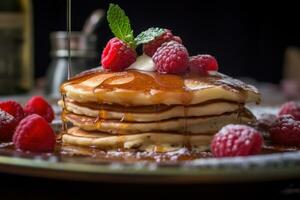 A stack of pancakes with syrup and berries on a plate AI Generated photo