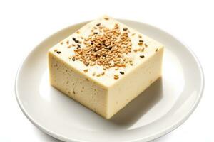 homemade tofu cheese with sesame seeds on a plate isolated against white AI Generated photo