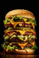 extra grande hamburguesa en un negro antecedentes ai generativo foto
