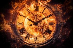 a clock that is on fire with flames around it photo