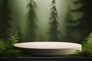 wooden podium platform in the middle of a forest photo
