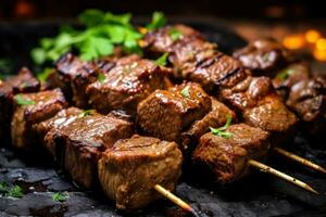 caucásico shashlik brocheta carne de vaca Carne de cordero lulia siendo cocido en un parrilla ai generado foto