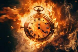 a clock that is on fire with flames around it AI Generative photo