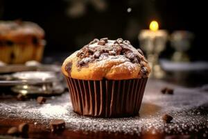 chocolate chip muffin with powdered sugar on a wooden table AI Generative photo