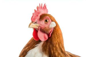 A chicken is standing in front of a white background AI Generated photo