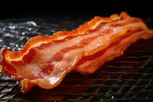 a piece of bacon is sitting on a black surface AI Generated photo