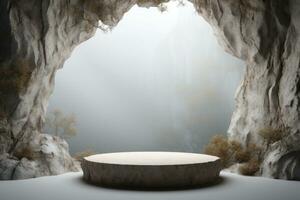 stone podium platform in a cave with a light shining through it AI Generative photo