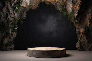 circular stage podium in a cave with moss and rocks AI Generative photo