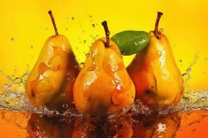 Three pears are splashed with water on an orange background AI Generated photo