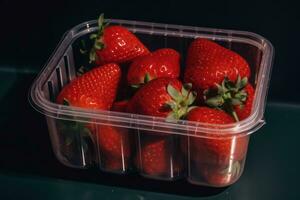 fresas en un el plastico envase en un oscuro superficie ai generado foto