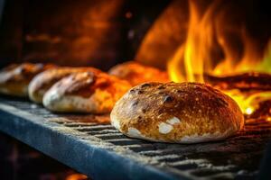 A group of breads sitting in an oven with a fire in the background AI Generated photo