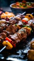 Skewers of meat and vegetables on a grill AI Generated photo