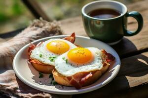 A plate with bacon and eggs on it next to a cup of coffee AI Generated photo