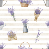 lavanda sin costura modelo con floral provence ramos de flores mano dibujado acuarela ilustración de Clásico ornamento en un a rayas antecedentes para envase papel o textil diseño. botánico fondo. png